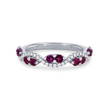 Ruby and Diamond Twist Wedding Band In Solid 14K White Gold