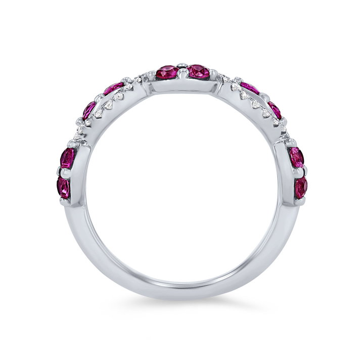 Ruby and Diamond Twist Wedding Band In Solid 14K White Gold