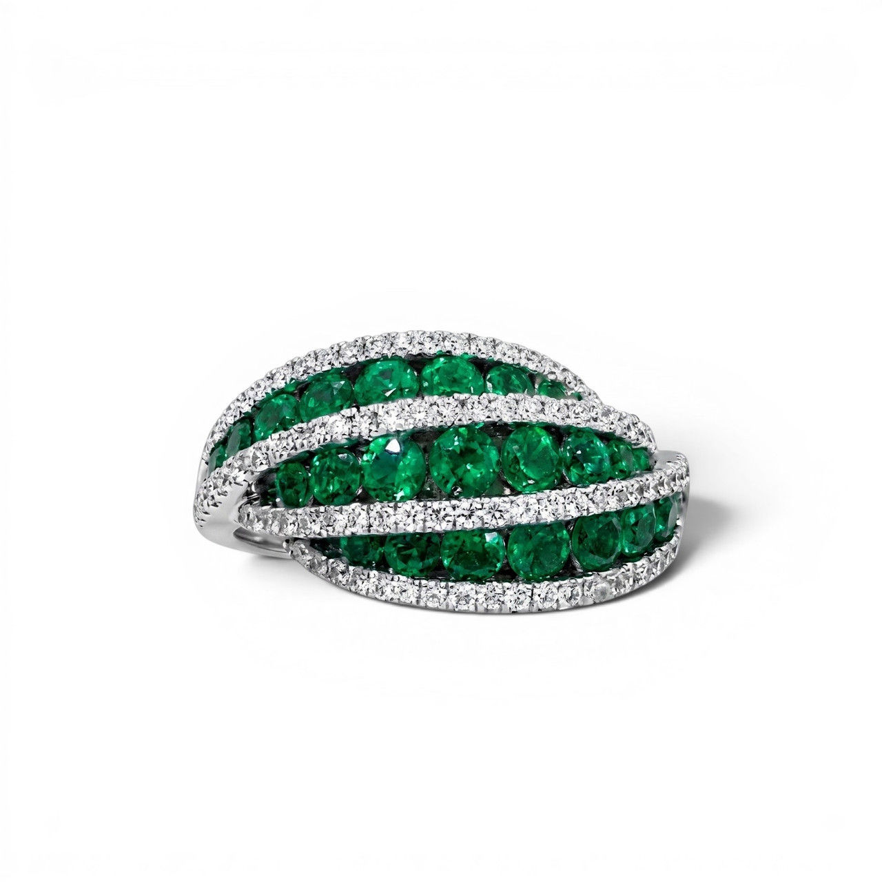 Green Emerald & Diamond Three Row Ring
