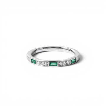 Green Emerald & Diamond Channel Band In Solid 14K White Gold