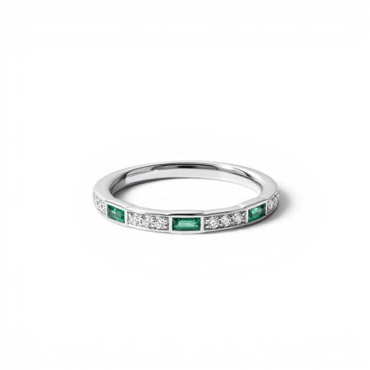 Green Emerald & Diamond Channel Band In Solid 14K White Gold