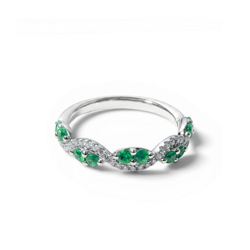 Green Emerald Cluster Pave Diamond Band In Solid 14K White Gold