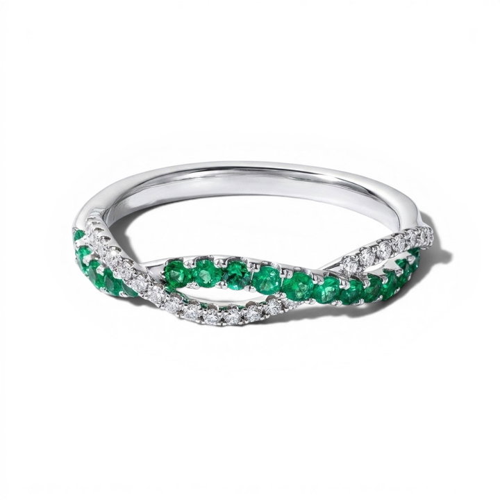 Green Emerald & Diamond Twist Band In Solid 14K White Gold