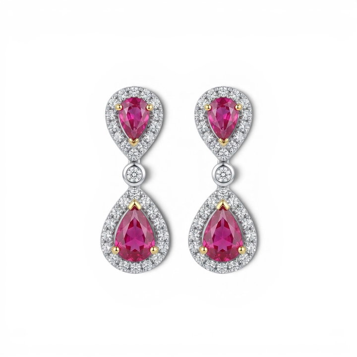 Ruby & Diamond Halo Drop Earrings In Solid 14K White / Yellow Gold