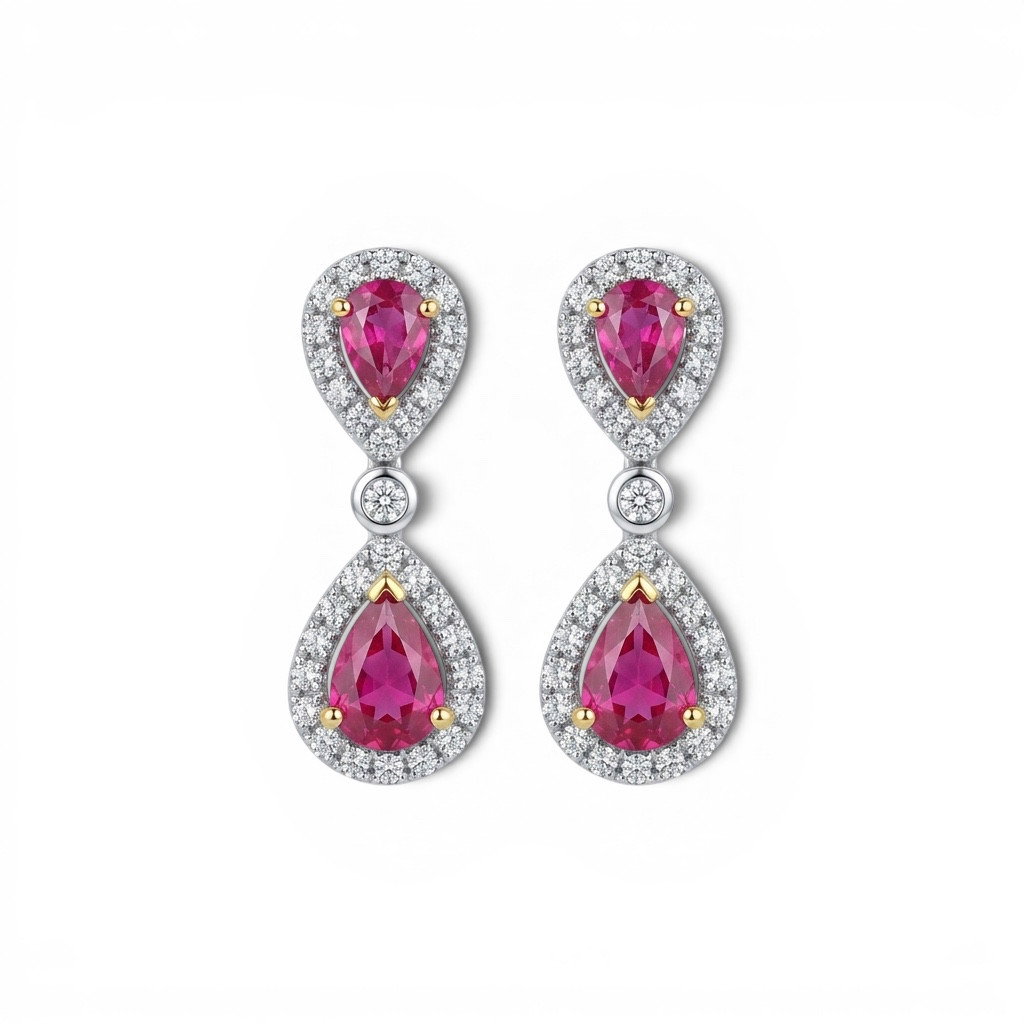 Ruby & Diamond Halo Drop Earrings 0