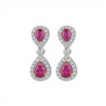 Ruby & Diamond Halo Drop Earrings In Solid 14K White / Yellow Gold
