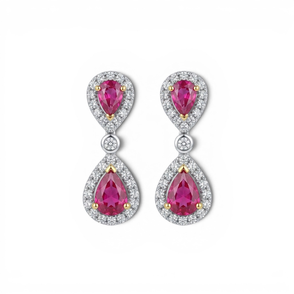 Ruby & Diamond Halo Drop Earrings 0