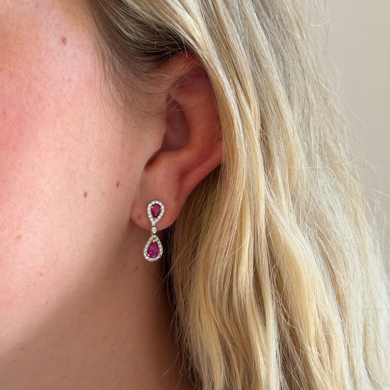 Ruby & Diamond Halo Drop Earrings