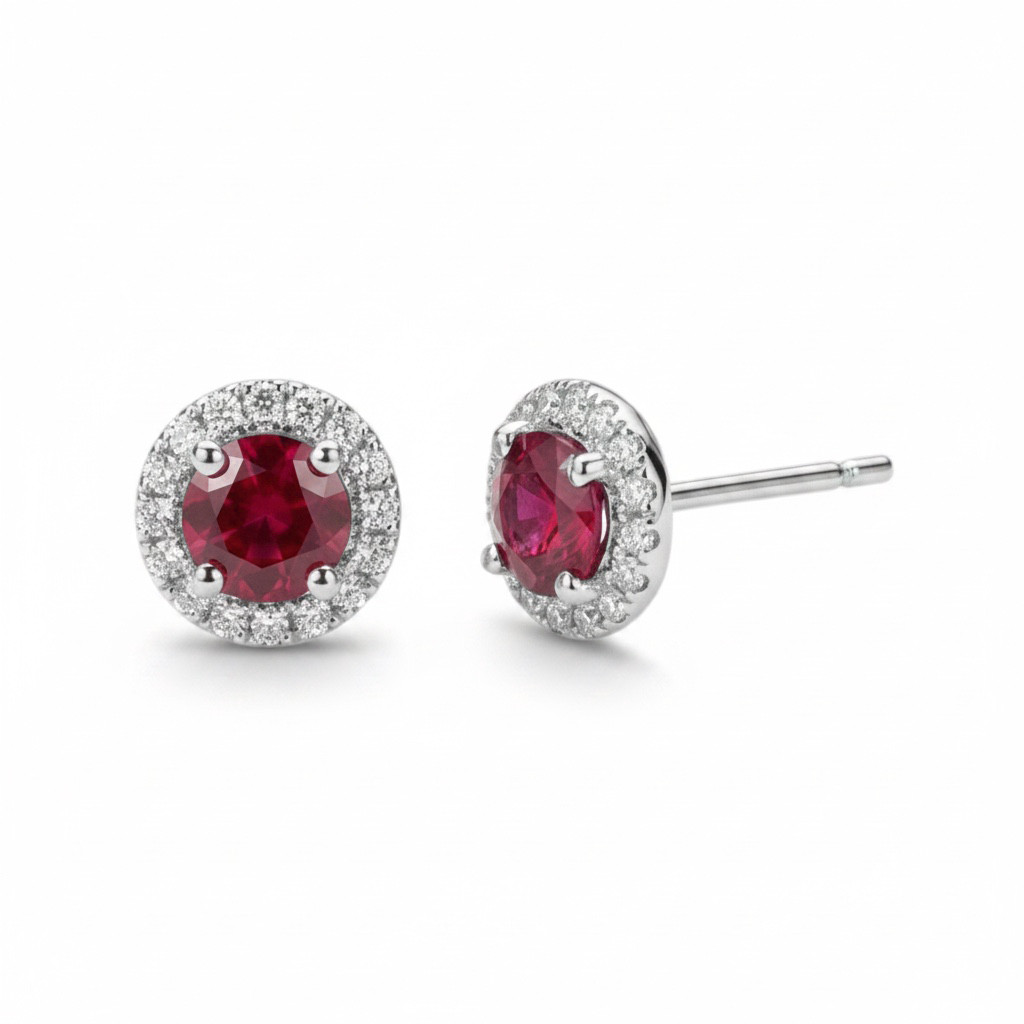 Ruby (0.41tw) & Diamond (0.10tw) Halo Stud Earrings