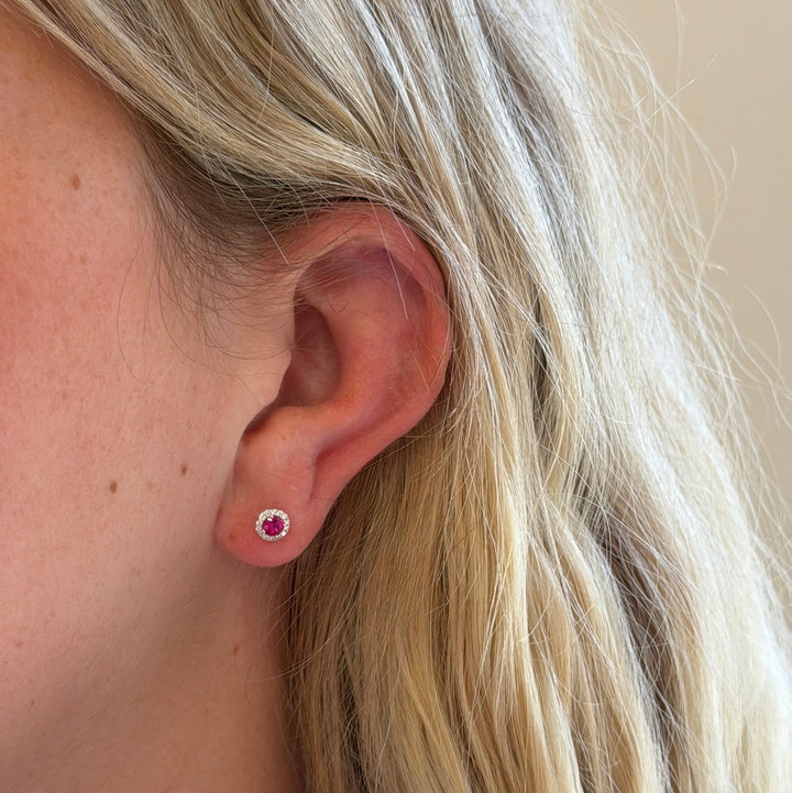 Ruby (0.41tw) & Diamond (0.10tw) Halo Stud Earrings In Solid 14K White Gold