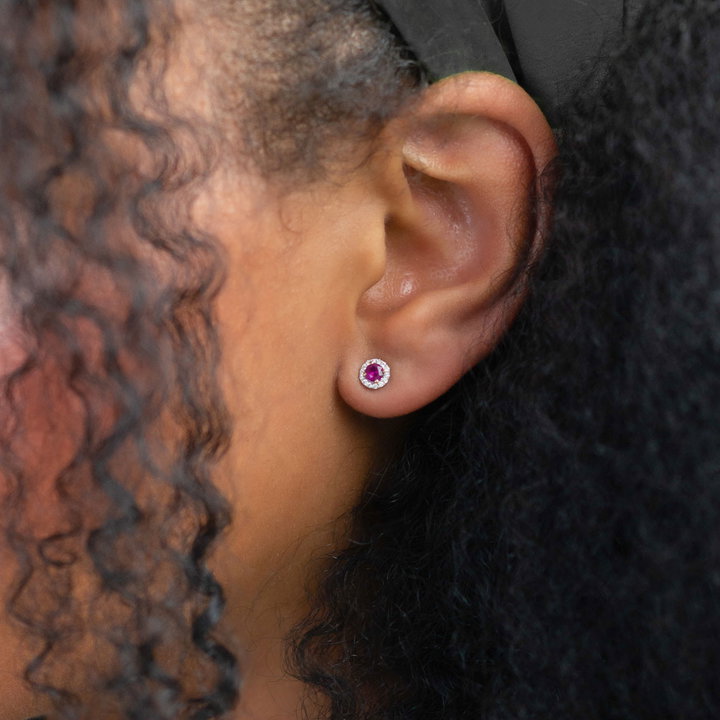 Ruby (0.41tw) & Diamond (0.10tw) Halo Stud Earrings In Solid 14K White Gold