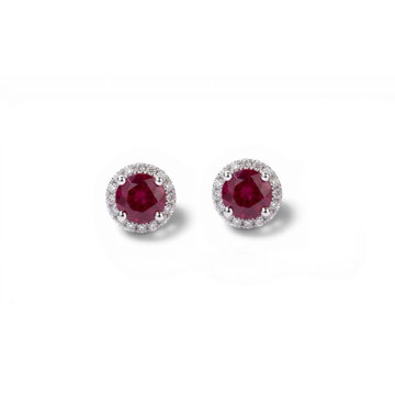 Ruby (1.00tw) & Diamond (0.14tw) Halo Stud Earrings In Solid 14K White Gold