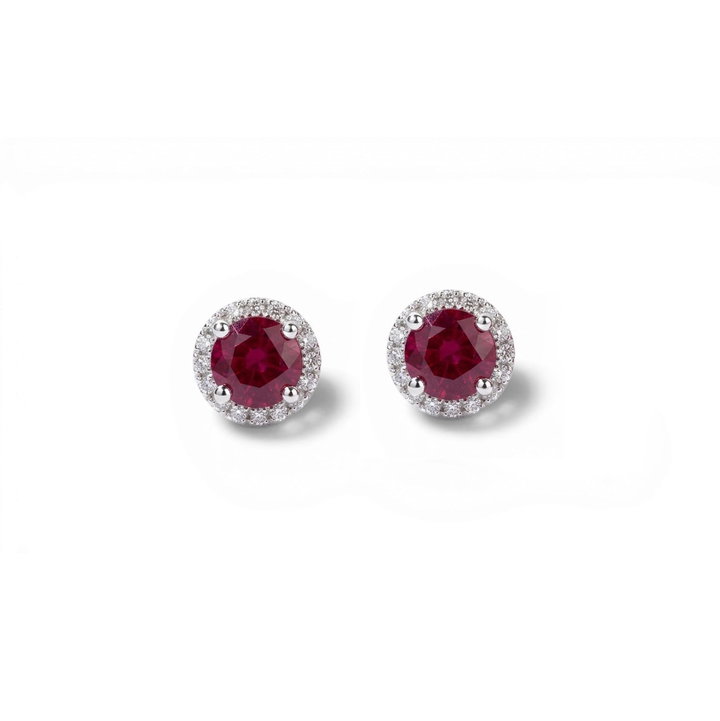 Ruby (1.00tw) & Diamond (0.14tw) Halo Stud Earrings In Solid 14K White Gold
