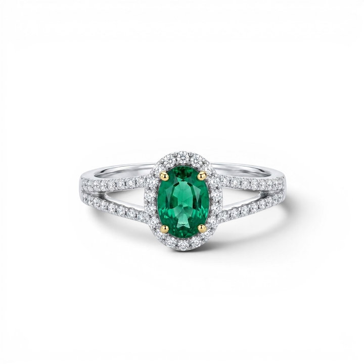 Green Emerald & Diamond Halo Split Ring In Solid 14K White / Yellow Gold
