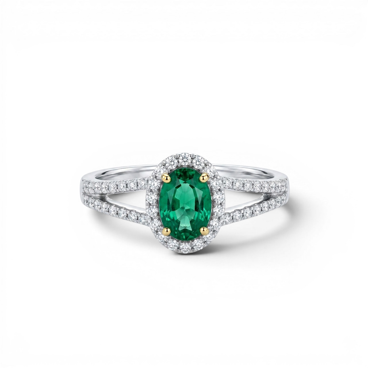 Green Emerald & Diamond Halo Split Ring