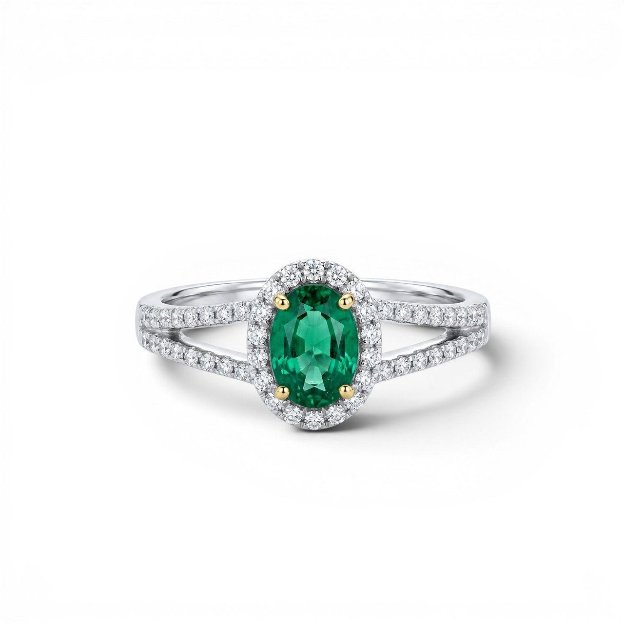 Green Emerald & Diamond Halo Split Ring 0