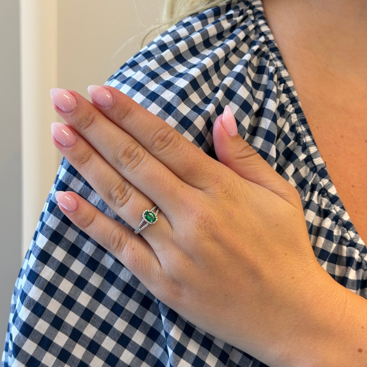 Green Emerald & Diamond Halo Split Ring