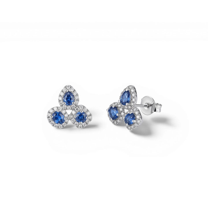 Blue Sapphire Trio Stud Earrings In Solid 14K White Gold