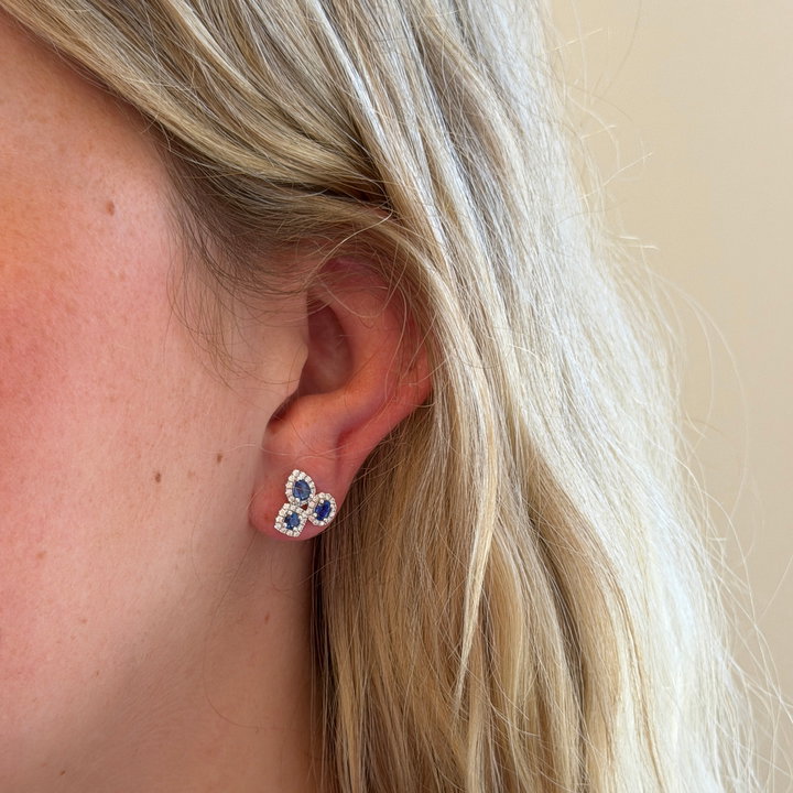 Blue Sapphire Trio Stud Earrings In Solid 14K White Gold