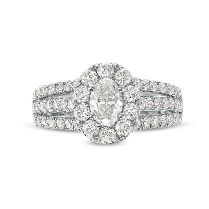 Oval Diamond Halo Three Row Engagement Ring In Solid 14K White Gold