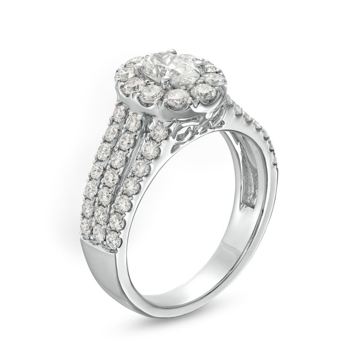 Oval Diamond Halo Three Row Engagement Ring In Solid 14K White Gold