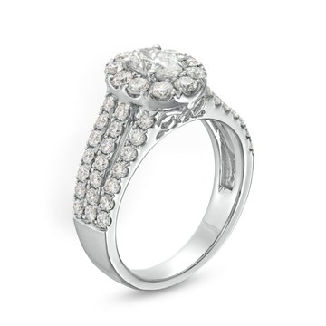 Oval Diamond Halo Three Row Engagement Ring In Solid 14K White Gold