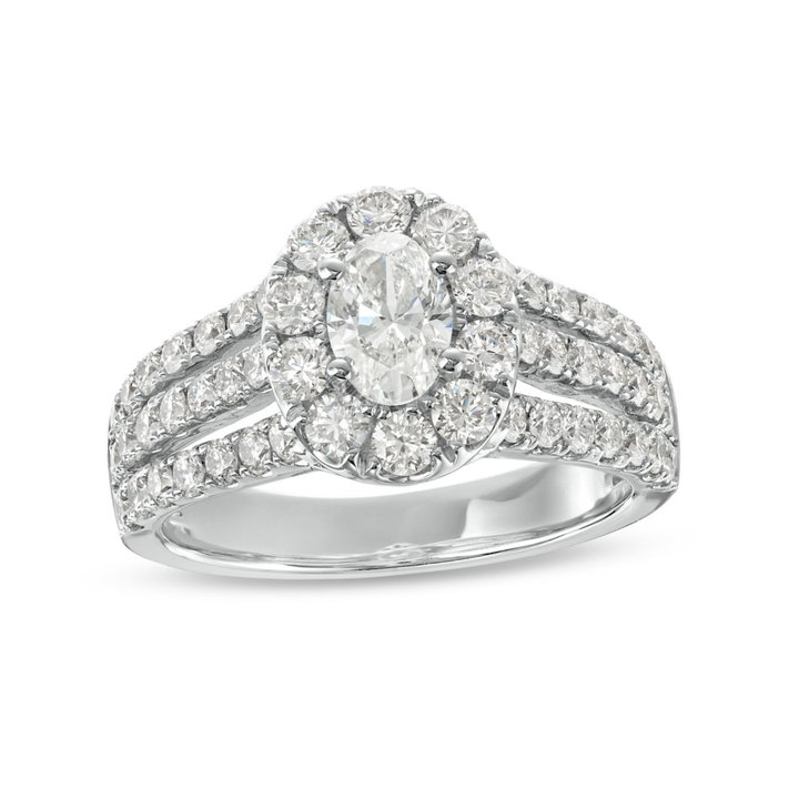 Oval Diamond Halo Three Row Engagement Ring In Solid 14K White Gold