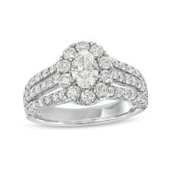 Oval Diamond Halo Three Row Engagement Ring In Solid 14K White Gold