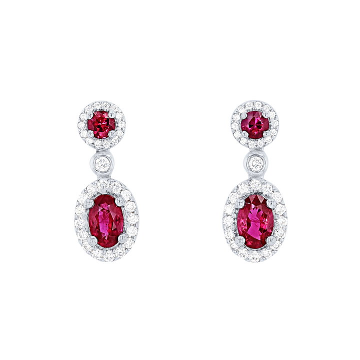 Ruby and Diamond Halo Drop Earrings In Solid 14K White Gold