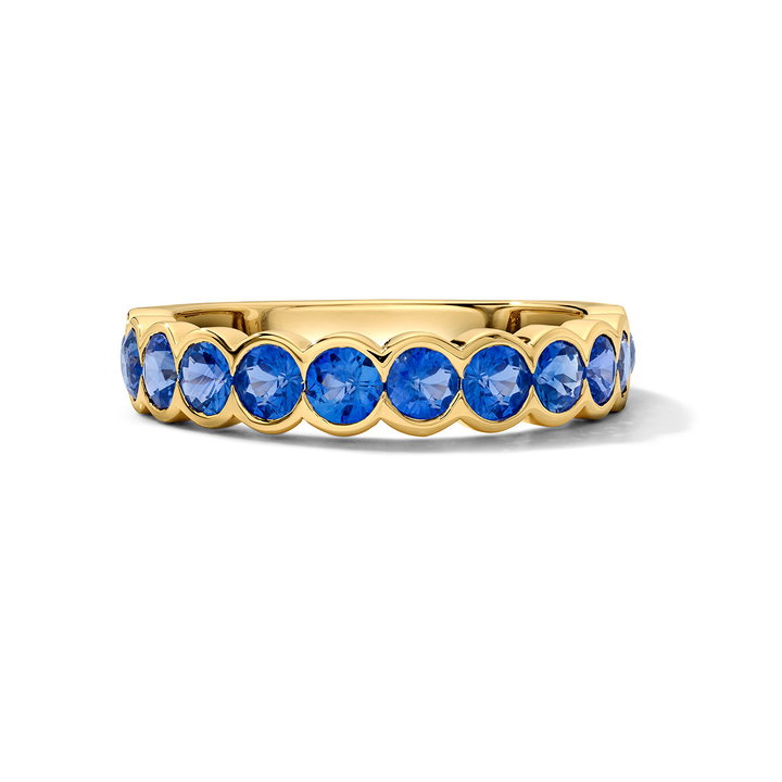 Round Blue Sapphire Bezel Band In Solid 14K Yellow Gold