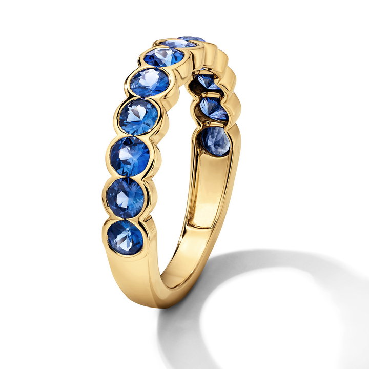 Round Blue Sapphire Bezel Band In Solid 14K Yellow Gold