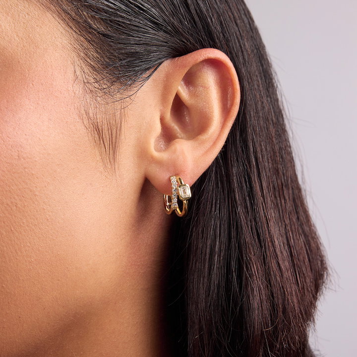 Double Row Diamond Huggie Earrings In Solid 14K Yellow Gold