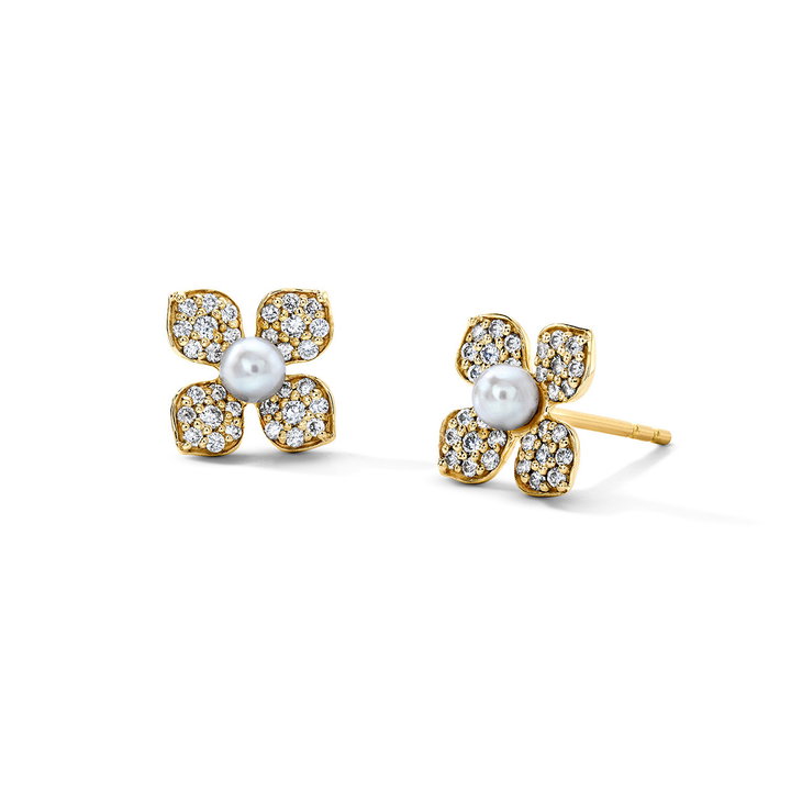 Pearl Diamond Accented Petal Stud Earrings In Solid 14K Yellow Gold