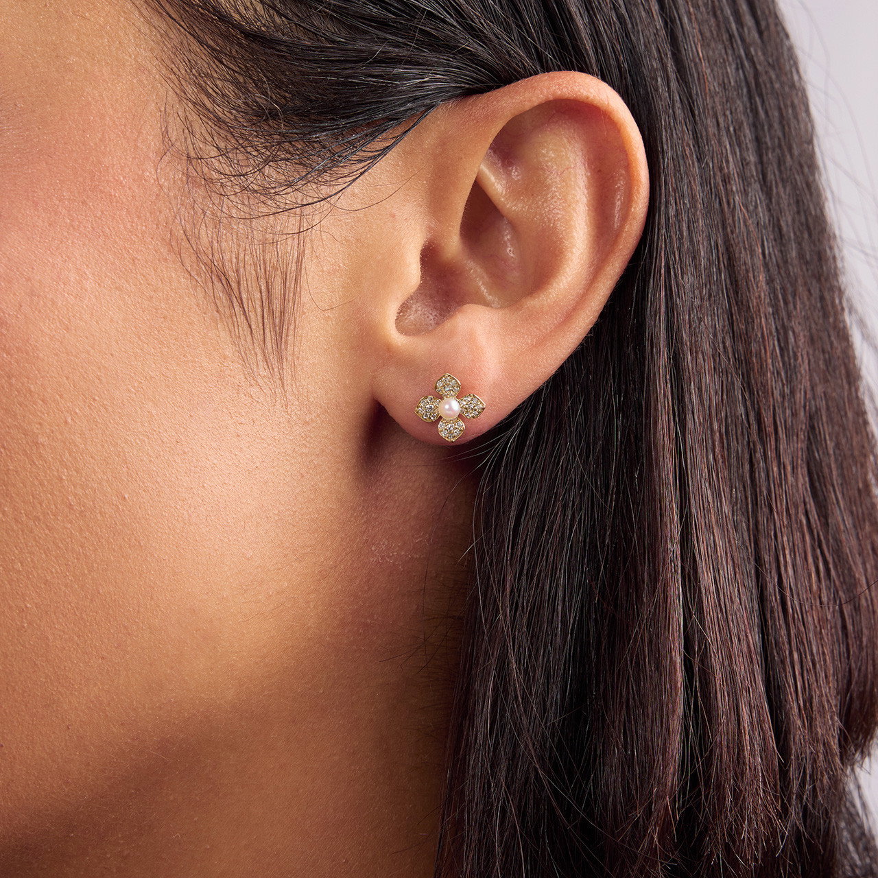 Pearl Diamond Accented Petal Stud Earrings