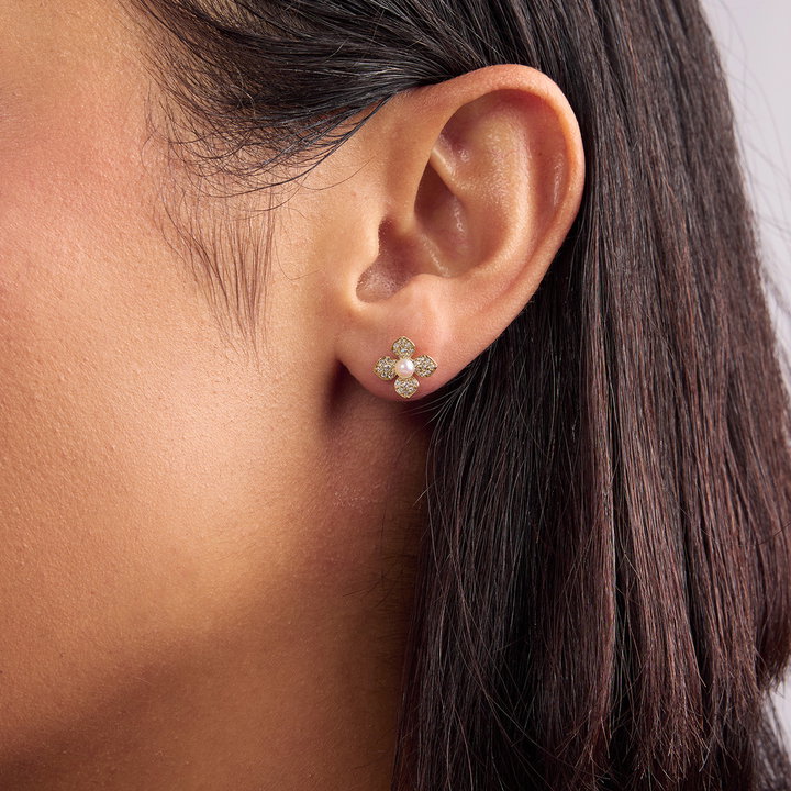 Pearl Diamond Accented Petal Stud Earrings In Solid 14K Yellow Gold
