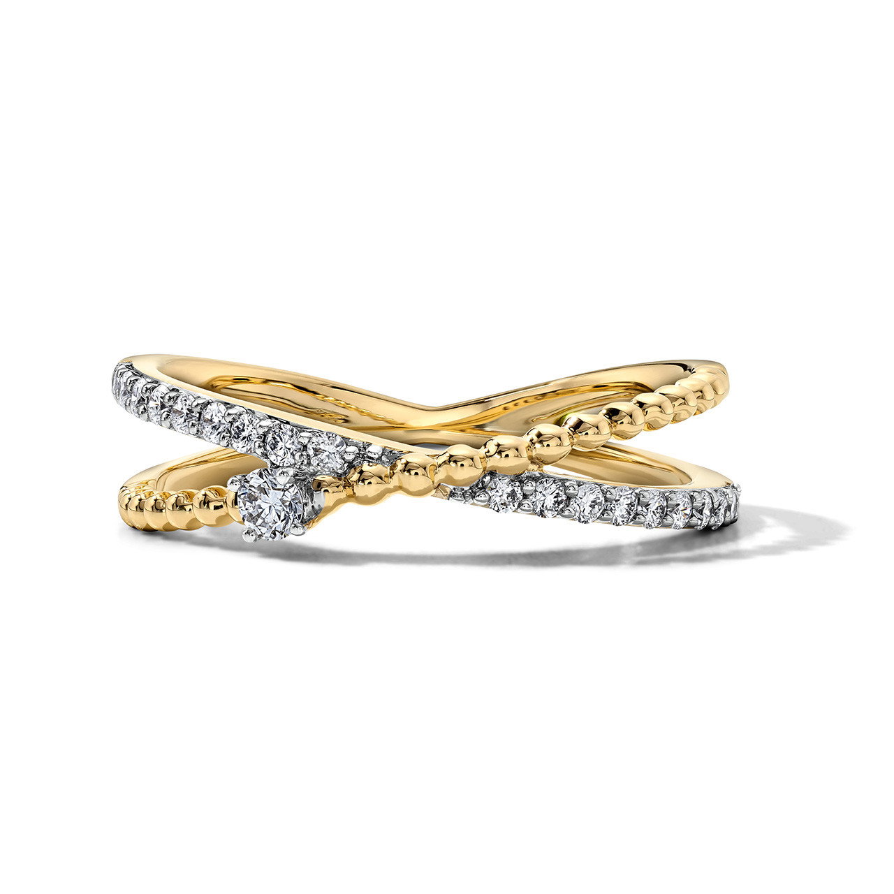 Beaded Gold Diamond Crossover Ring