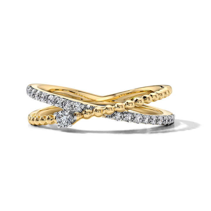 Beaded Gold Diamond Crossover Ring In Solid 14K White / Yellow Gold