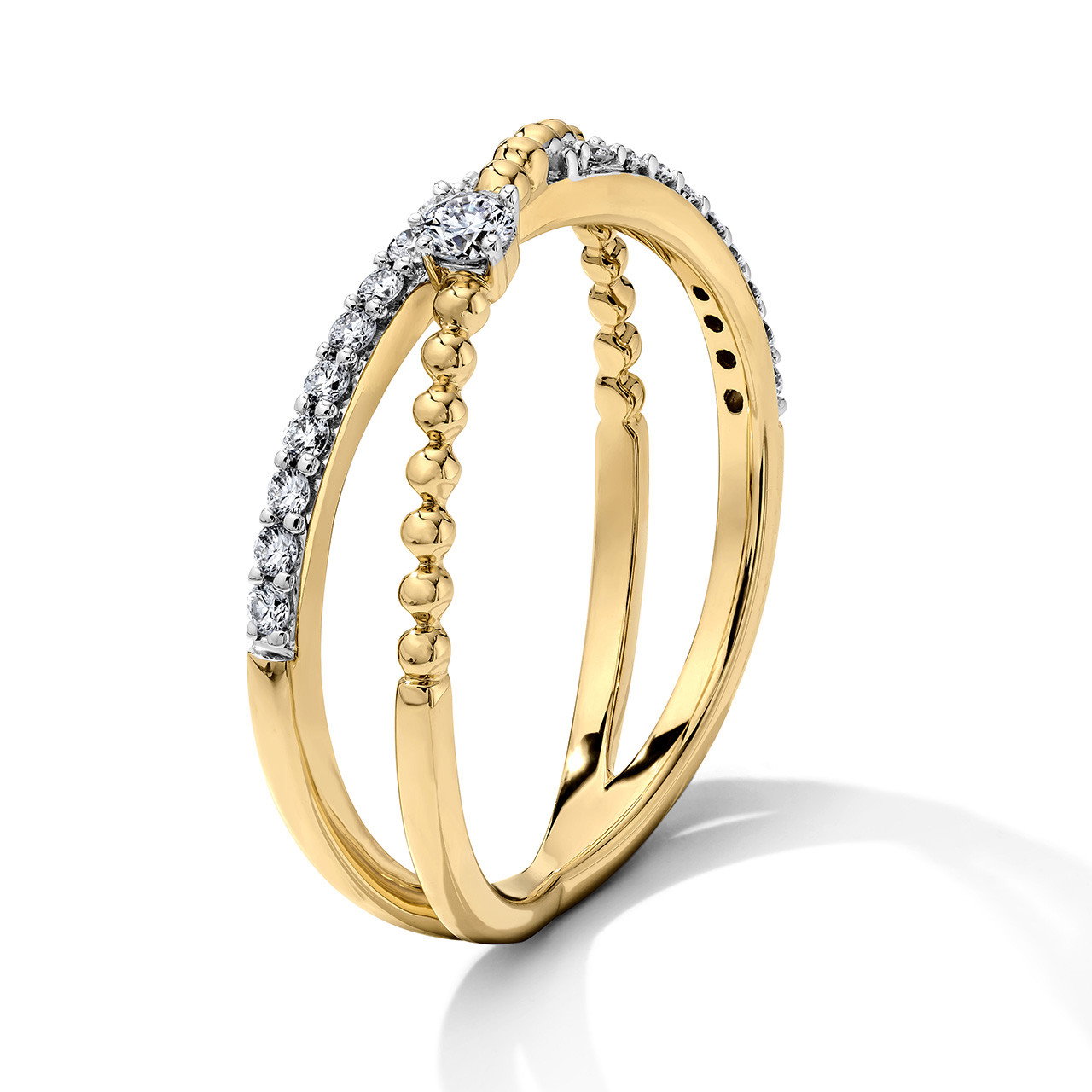 Beaded Gold Diamond Crossover Ring