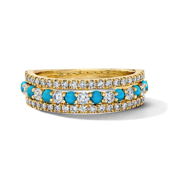 Three Row Turquoise Diamond Band In Solid 14K Yellow Gold