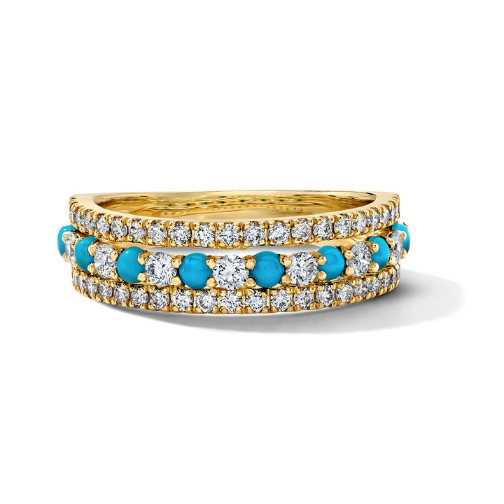 Three Row Turquoise Diamond Band In Solid 14K Yellow Gold