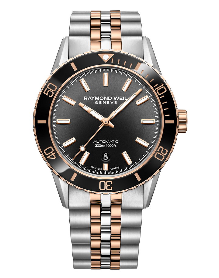 Raymond Weil Freelancer Diver 42 Black Dial Watch | Stainless Steel & Rose Gold-PVD