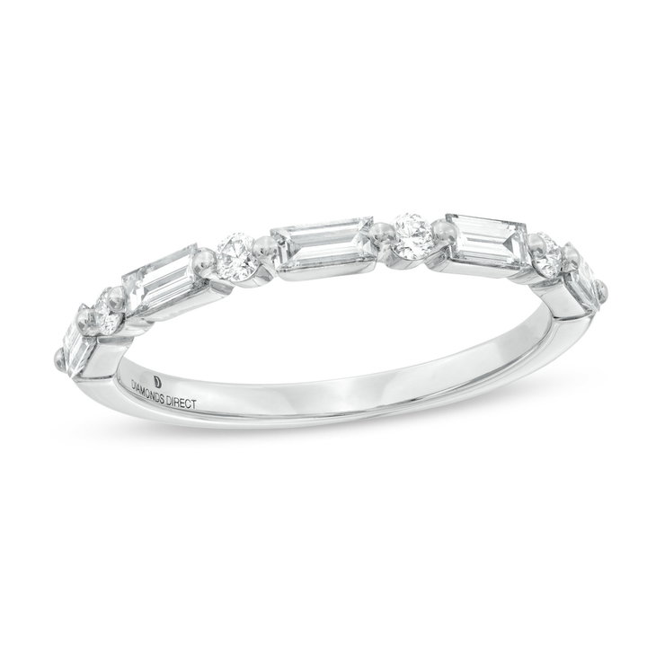 Alternating Baguette and Round Diamond Wedding Band by Adorette In White Gold 14K