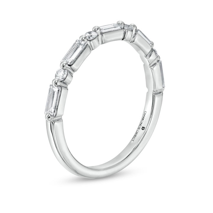 Alternating Baguette and Round Diamond Wedding Band by Adorette In White Gold 14K