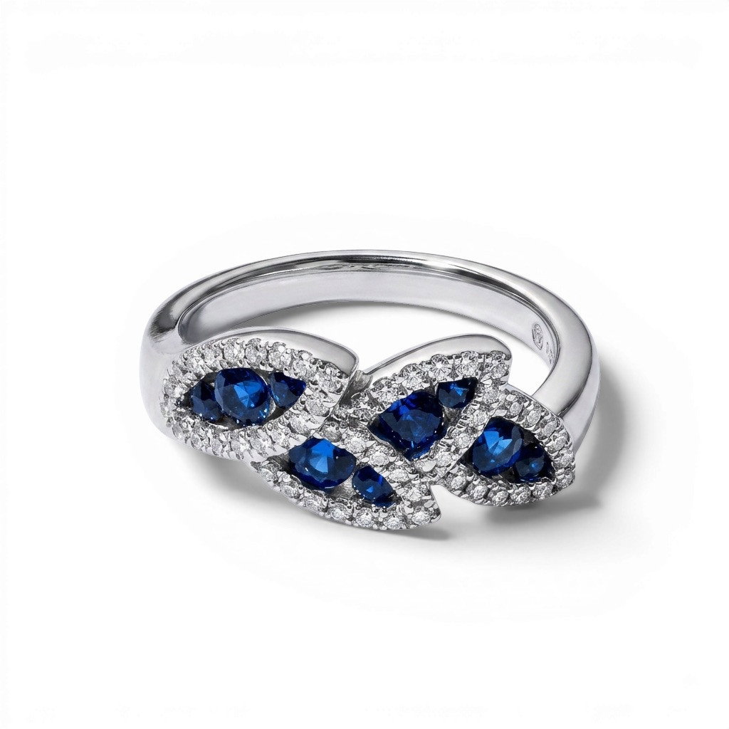 Blue Sapphire & Diamond Leaf-Inspired Ring