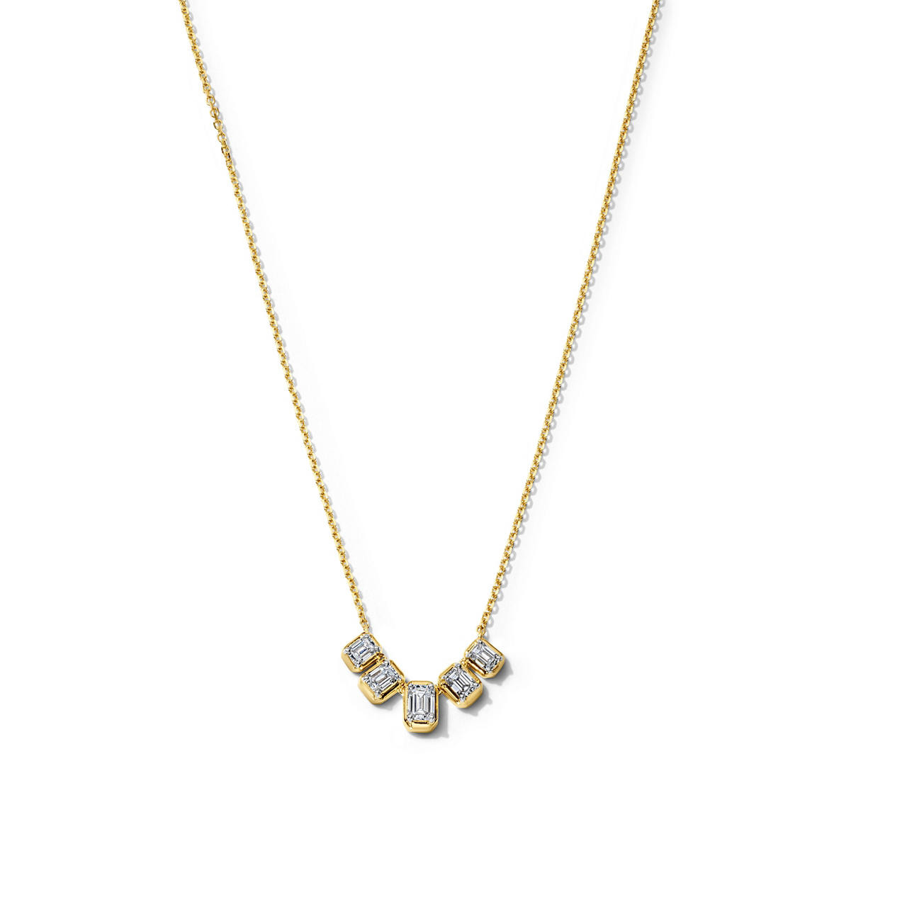 Bezel Set Emerald Cut Five Diamond Necklace