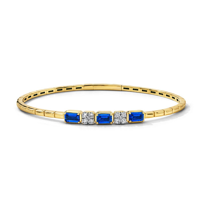 Blue Sapphire & Diamond Flexible Gold Bangle Bracelet In Solid 14K White / Yellow Gold