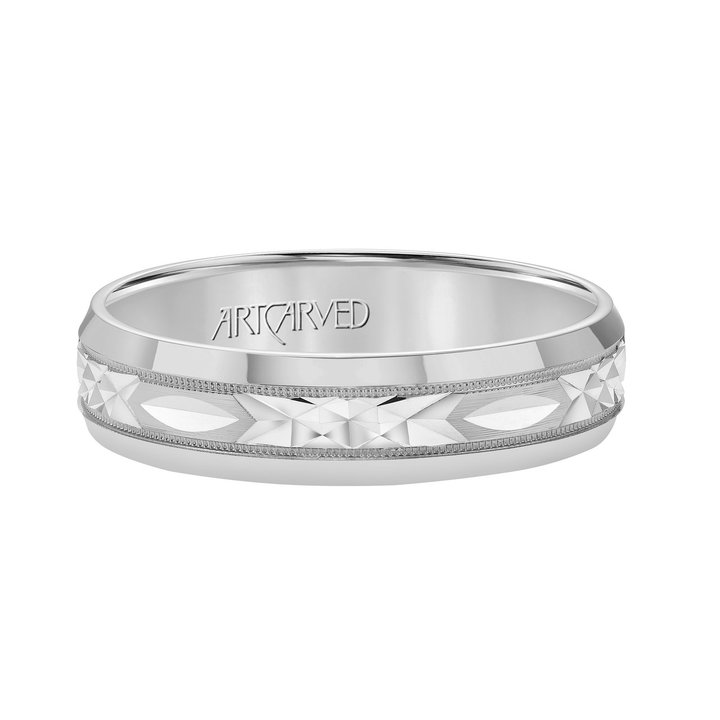 Carved Milgrain 6mm Wedding Band In White Gold 14K