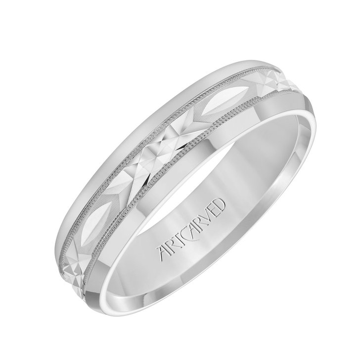 Carved Milgrain 6mm Wedding Band In White Gold 14K