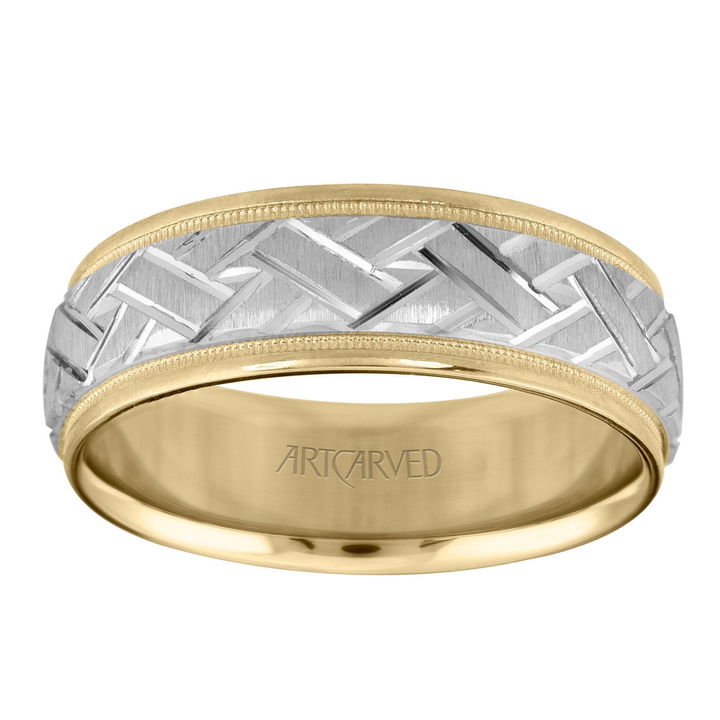 White Gold 14K Geometric Milgrain 7mm Wedding Band