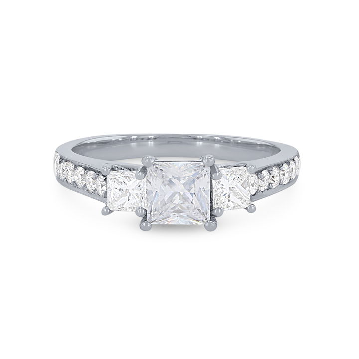 White Gold 14K Three Stone Princess Diamond Beadset Engagement Setting